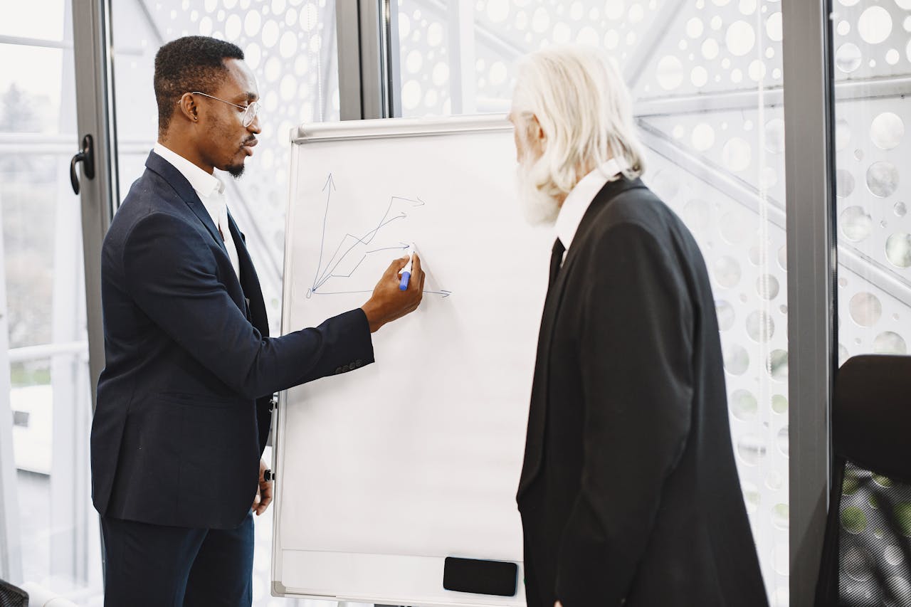 Two business professionals collaborating on a growth strategy in a modern office setting.
